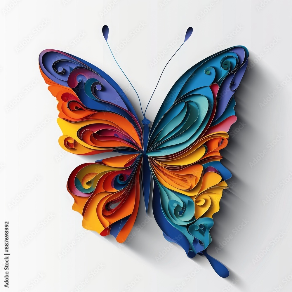 Paper Cut Butterfly , A white background with a brightly colored butterfly featuring red, blue, and yellow wings, Ai Generated