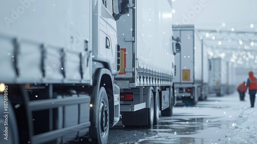 A fleet of refrigerated trucks parked outside a cold storage facility, ready for loading. Workers are seen in the background preparing pallets of frozen goods for transport.