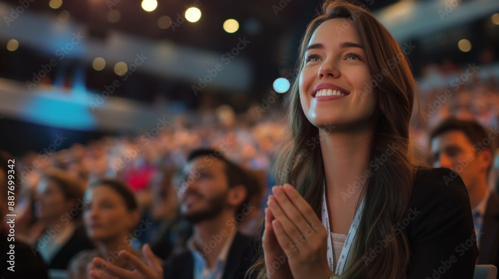 Obraz premium Young Woman Sitting in a Crowded Audience at a Business Conference. Female Attendee Cheering and Clapping After a Motivational Keynote Speech.