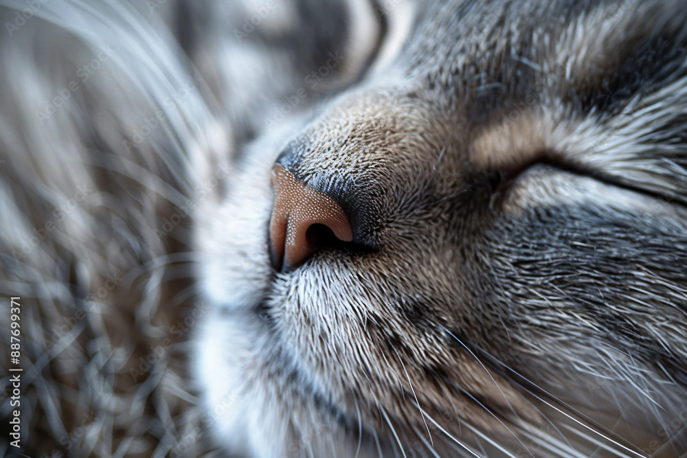 Close-up of the face and nose of an adorable gray cat sleeping against a white background, this macro photography captures high resolution details in a high quality style. Close-up of the face and nose of an adorable gray cat sleeping against a white background, this macro photography captures high resolution details in a high quality style.