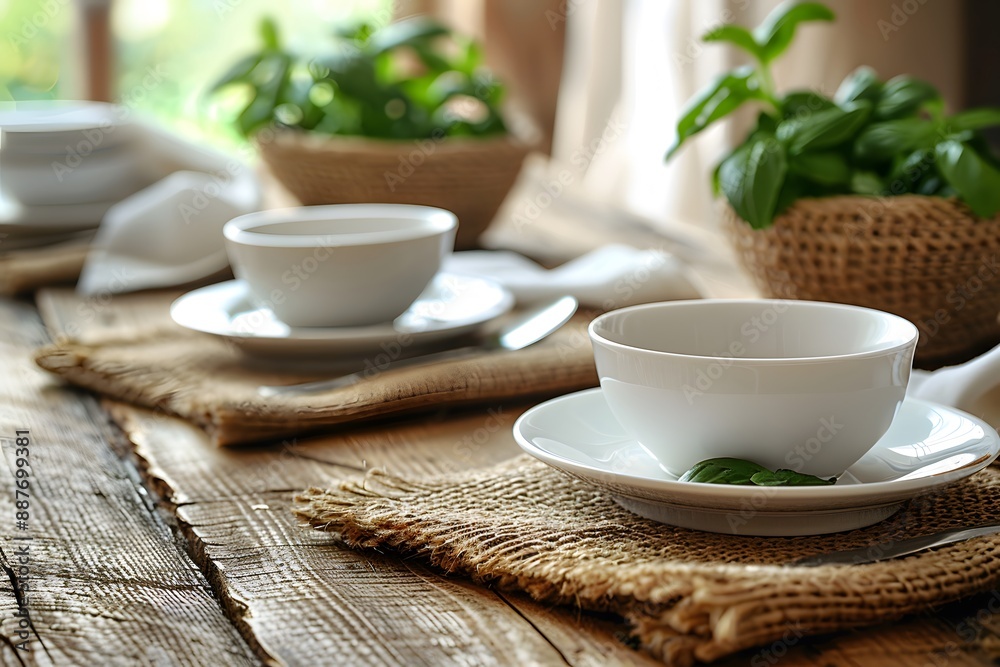 Rustic Table Setting with Wooden Table, White Ceramic Dishware, and Fresh Green Plants for Cozy Dining Rustic Table Setting with Wooden Table, White Ceramic Dishware, and Fresh Green Plants for Cozy Dining