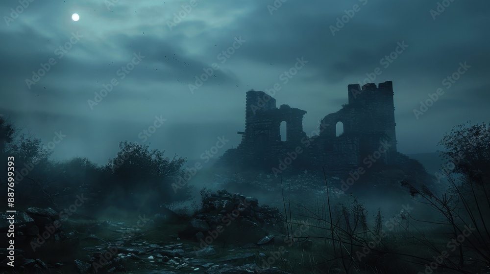 Fototapeta premium Eerie gothic castle, dark night sky, howling wind, ancient architecture, wide shot, ghostly appearance,