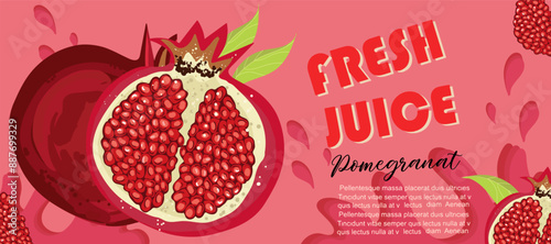 Fresh pomegranate juice splash banner, fruit slice for brand,logo, template,label, emblem, store, packaging, advertising.Vector illustration