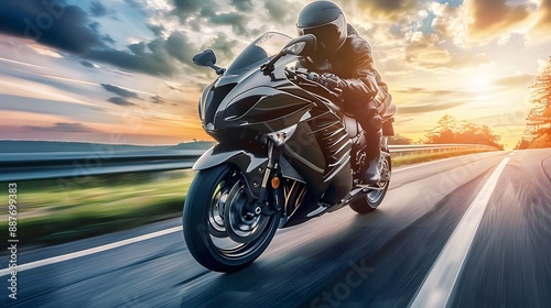 fast moving sport motorcycle on highway wallpaper Highway . Powerful acceleration of a super motorcycle illustration .  photo