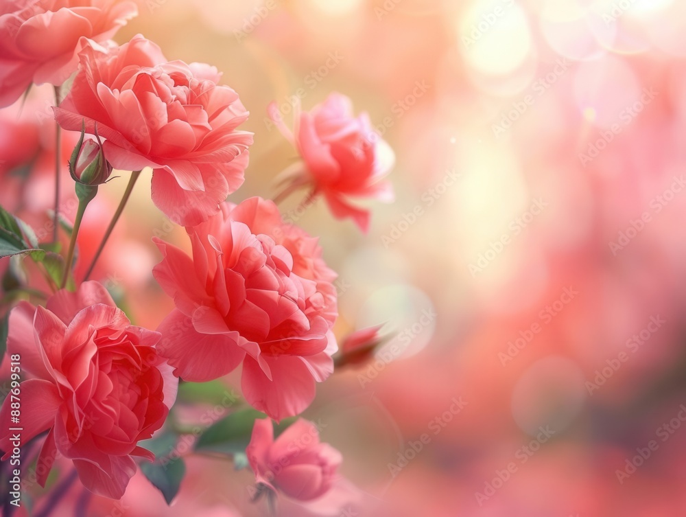 Image of pink roses, pink blurred background, suitable for advertising use, with space on the right for text or product images. Image of pink roses, pink blurred background, suitable for advertising use, with space on the right for text or product images.
