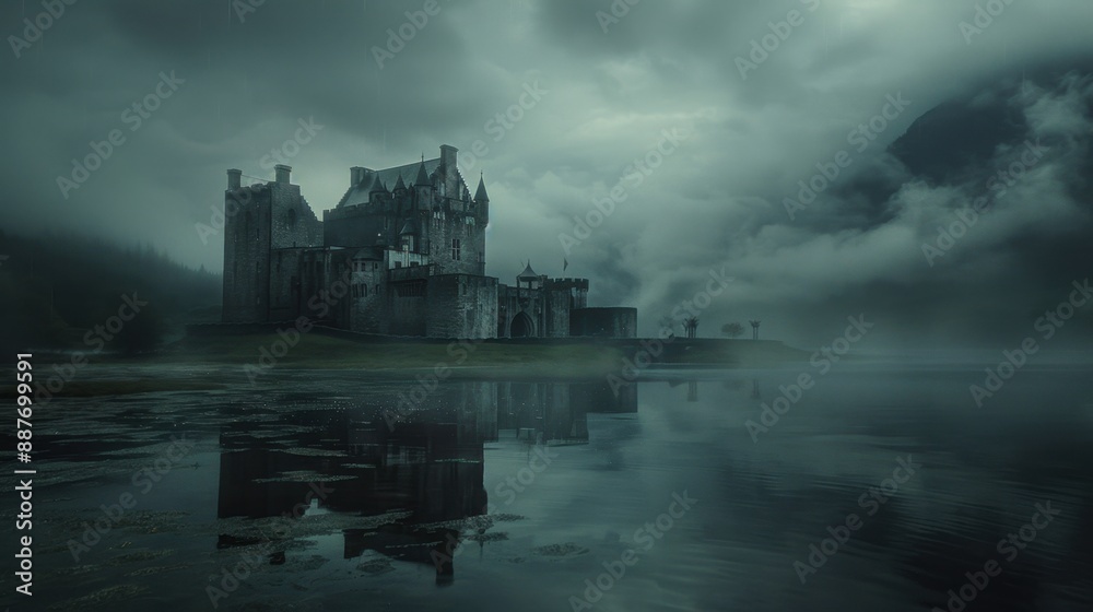 Fototapeta premium Gothic castle in the rain, dark clouds, eerie reflections, sinister vibe, wide shot, unsettling aura,