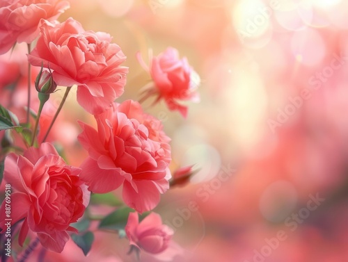 Image of pink roses, pink blurred background, suitable for advertising use, with space on the right for text or product images.