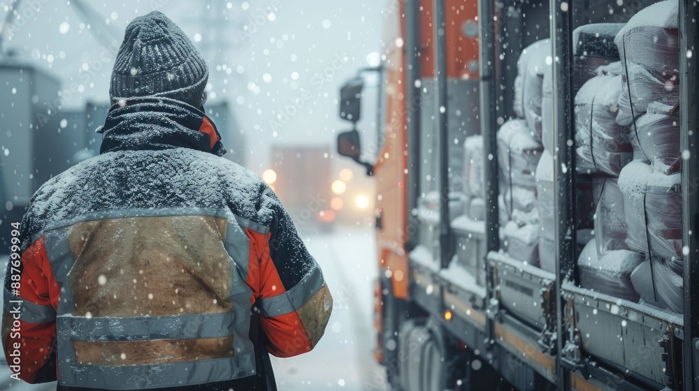 Fototapeta premium A worker in a high-visibility vest stands outside in snowy weather, overseeing the loading and unloading of trucks. Highlights logistics, transportation, and operations in challenging conditions.