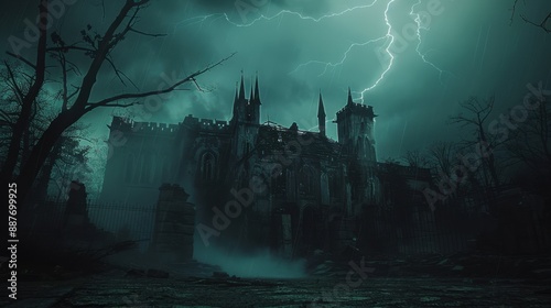 Dark castle with broken windows, thunderstorm, eerie glow, creepy trees, wide shot, menacing vibe,