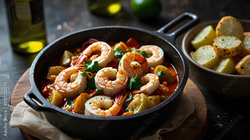 Portuguese-style garlic white wine sauce with prawns and fish in a cataplana stew. Portuguese-style garlic white wine sauce with prawns and fish in a cataplana stew.