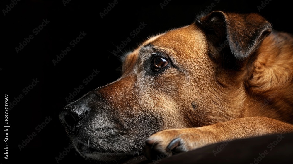 Brown dog portrait resting isolated with a low key black background Brown dog portrait resting isolated with a low key black background