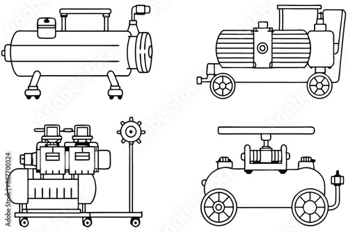 Air Compressor line art drawing showing compressor and its features