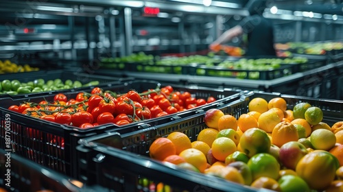 Crates filled with various types of tomatoes and fresh vegetables on a conveyor belt in a food processing facility. Highlights diversity in produce, efficient sorting, and food industry operations.