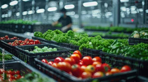 Crates filled with various types of tomatoes and fresh vegetables on a conveyor belt in a food processing facility. Highlights diversity in produce, efficient sorting, and food industry operations.