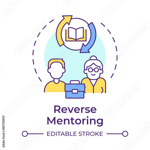 Reverse mentoring multi color concept icon. Young mentor and senior mentee. Knowledge sharing. Business support. Round shape line illustration. Abstract idea. Graphic design. Easy to use in article
