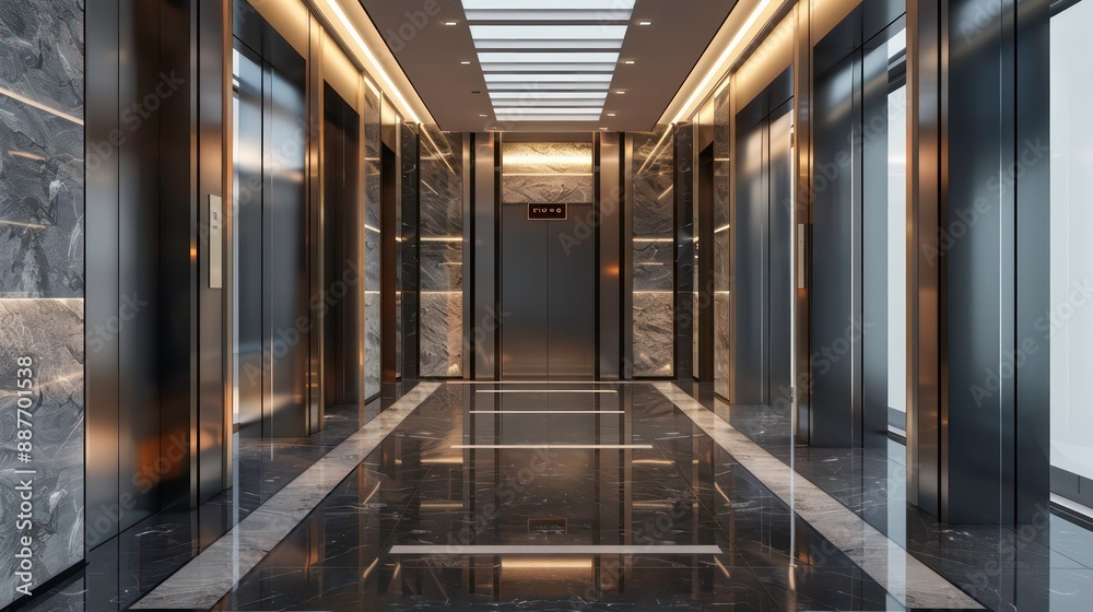 Indoor elevator hall of modern office building modern office. Generated AI Indoor elevator hall of modern office building modern office. Generated AI