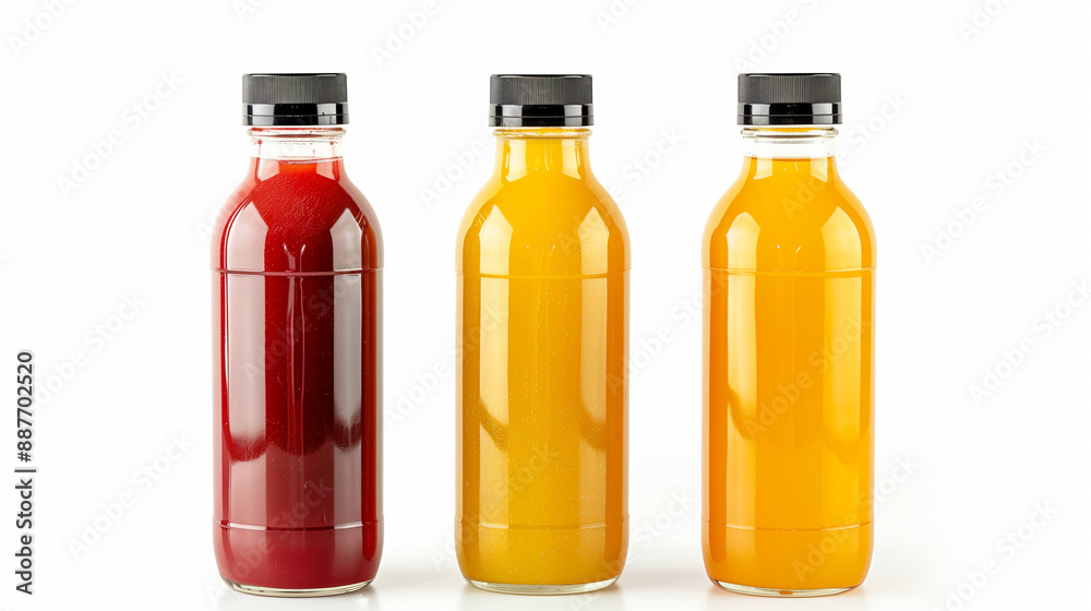 Three bottles filled with natural vegetable or fruit juices, without labels and with black caps, are set on a white background.
