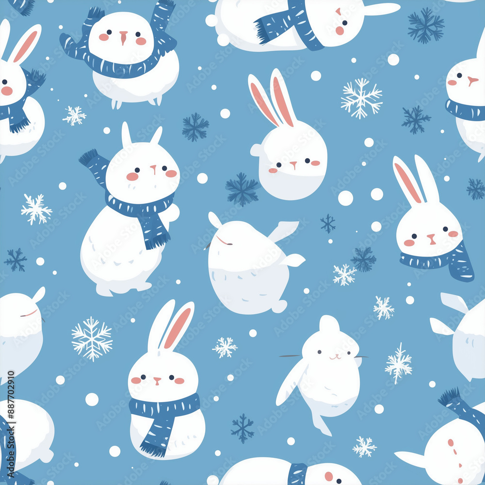 アニメ風の雪うさぎの冬遊びパターン アニメ風の雪うさぎの冬遊びパターン