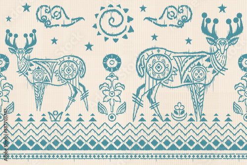 Folk art deer ethnic oriental sarong saree ikat seamless pattern traditional background. vector design for folk art fashion, ikat folk fabric, wallpaper all prints color. carpet,wallpaper,clothing.