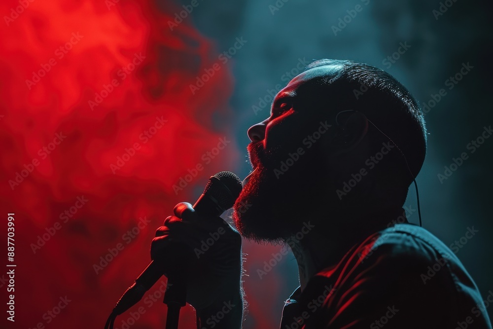Man singing on dark background. Portrait of male singer with microphone on stage. Generated AI Man singing on dark background. Portrait of male singer with microphone on stage. Generated AI