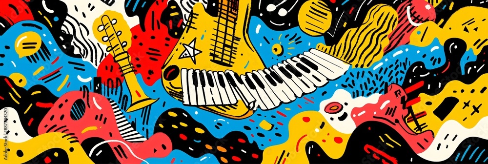 Obraz premium Abstract illustration of musical instruments with colorful shapes. Digital art style. Music and art concept. Design for wallpaper, poster, and banner. Top view