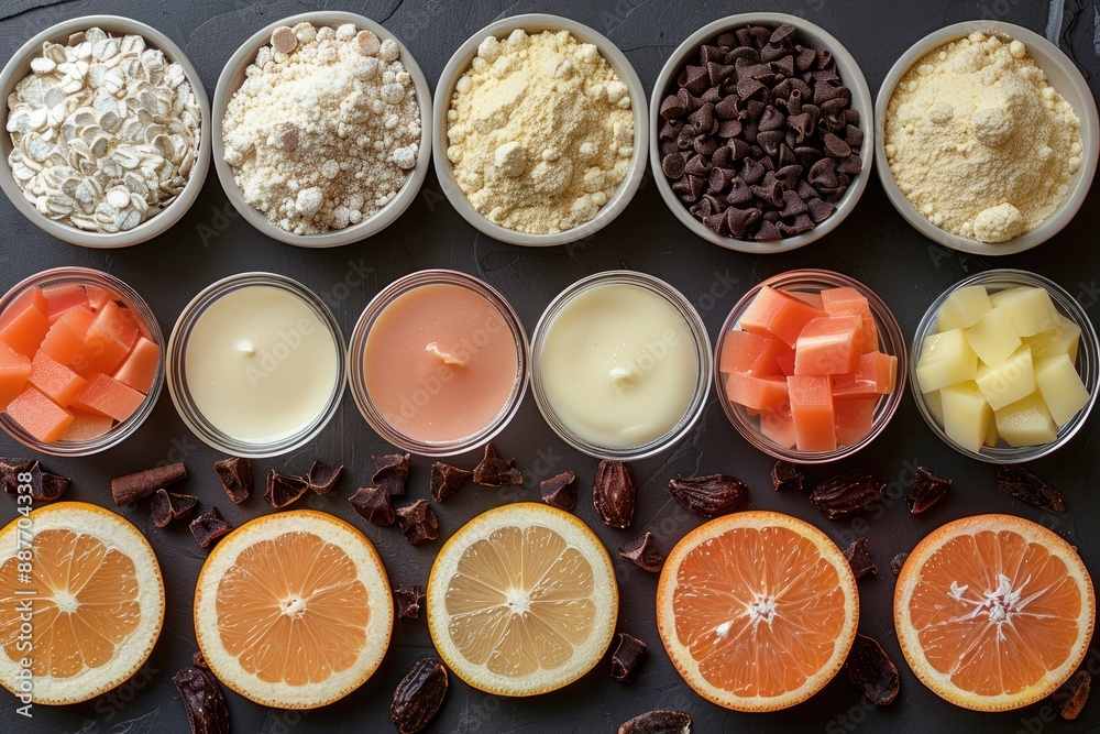Colorful ingredients and citrus fruits arranged in bowls on a dark surface Colorful ingredients and citrus fruits arranged in bowls on a dark surface
