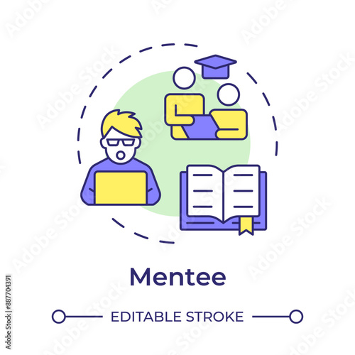 Mentee multi color concept icon. Person who gains knowledge and expertise. Student. Educational joy. Round shape line illustration. Abstract idea. Graphic design. Easy to use in article