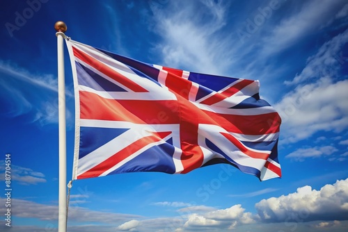 Vibrant red, white, and blue Union Jack flag waving proudly in the wind against a clear blue sky with a sense of patriotism and freedom.