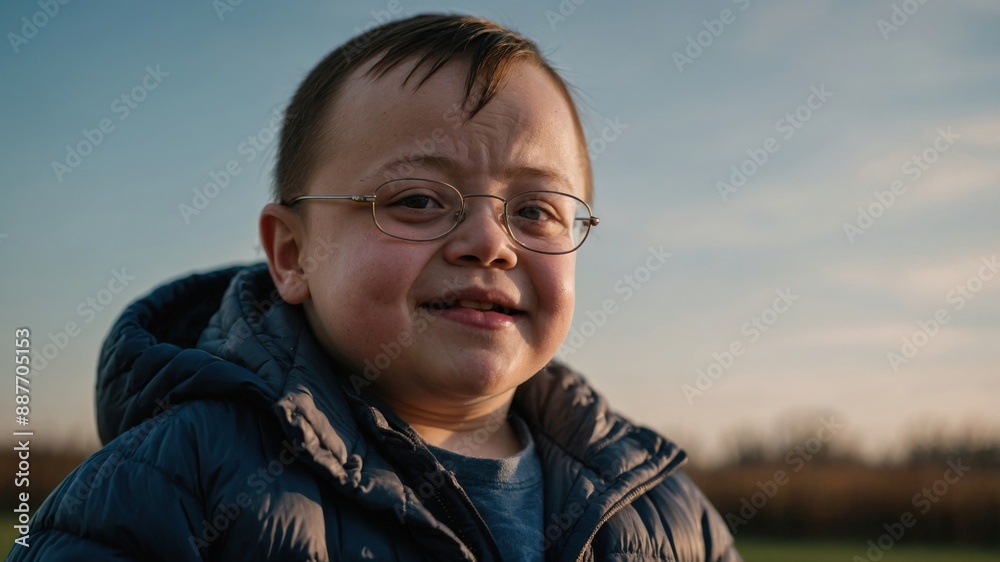 A young boy with Down syndrome wearing glasses and a jacket, smiling warmly while standing outdoors under a clear sky.
A young boy with Down syndrome wearing glasses and a jacket, smiling warmly while standing outdoors under a clear sky.