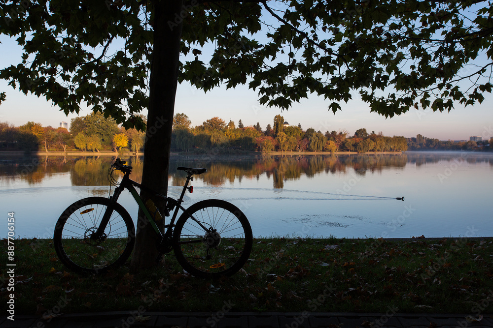 Beautiful landscape in a park in autumn season with lake in background and colourful leafs