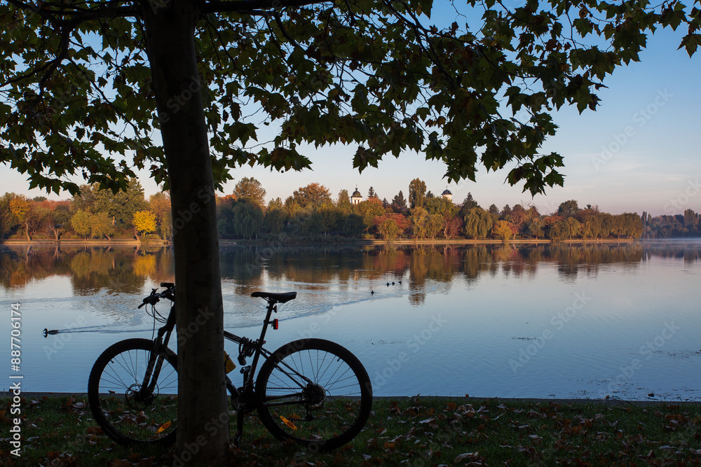 Beautiful landscape in a park in autumn season with lake in background and colourful leafs