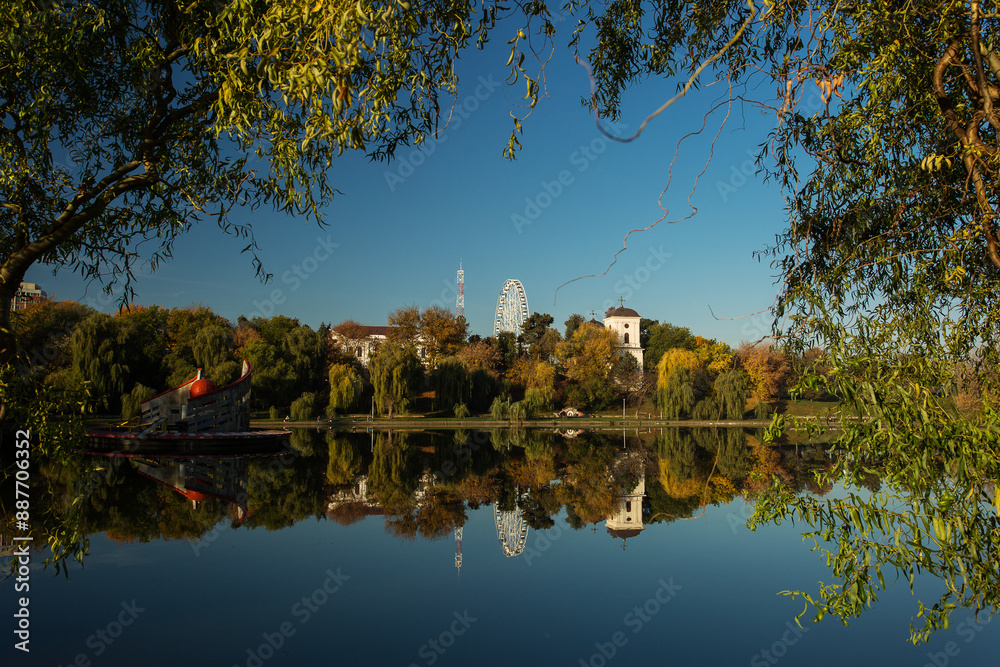 Beautiful landscape in a park in autumn season with lake in background and colourful leafs