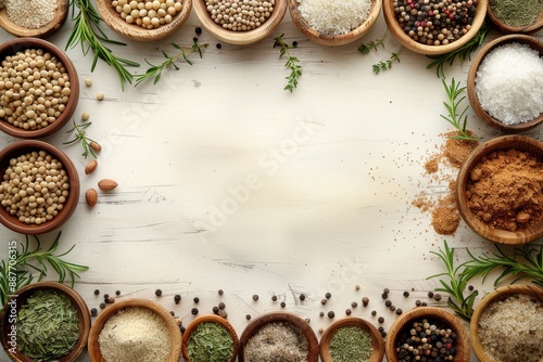 Wallpaper Mural An assortment of spices and herbs in wooden bowls on a rustic table Torontodigital.ca