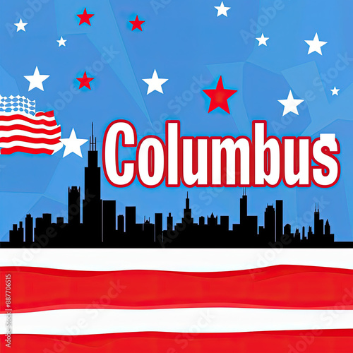 Columbus Day Vector Illustration: Red Background, Ship and Flag, Flat Design, Minimalist Style






