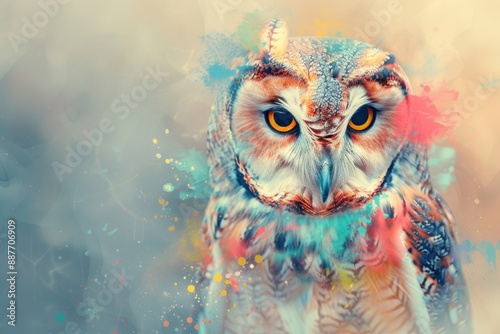 Abstract animal Owl portrait with colorful double exposure paint  photo