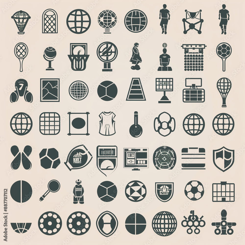 A collection of sports icons and symbols. Some of the icons include a tennis racket, a soccer ball, a basketball, and a baseball bat A collection of sports icons and symbols. Some of the icons include a tennis racket, a soccer ball, a basketball, and a baseball bat