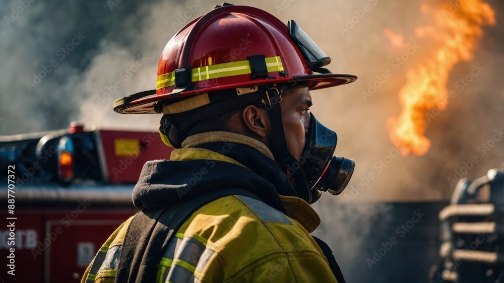 A firefighter in yellow gear and a mask stands near a burning blaze and fire truck, ready to respond with courage and readiness.
A firefighter in yellow gear and a mask stands near a burning blaze and fire truck, ready to respond with courage and readiness.