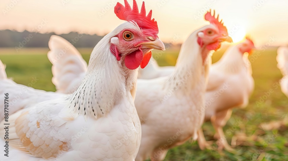Group of white chickens roaming freely in a green field during sunset, highlighting free-range farming and natural poultry lifestyle. Group of white chickens roaming freely in a green field during sunset, highlighting free-range farming and natural poultry lifestyle.