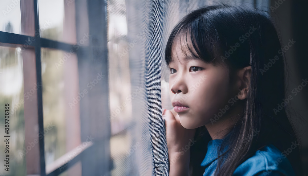 Staring sadly and gloomily out of the window. A feeling of being alone, depression, sadness. Asian girl.