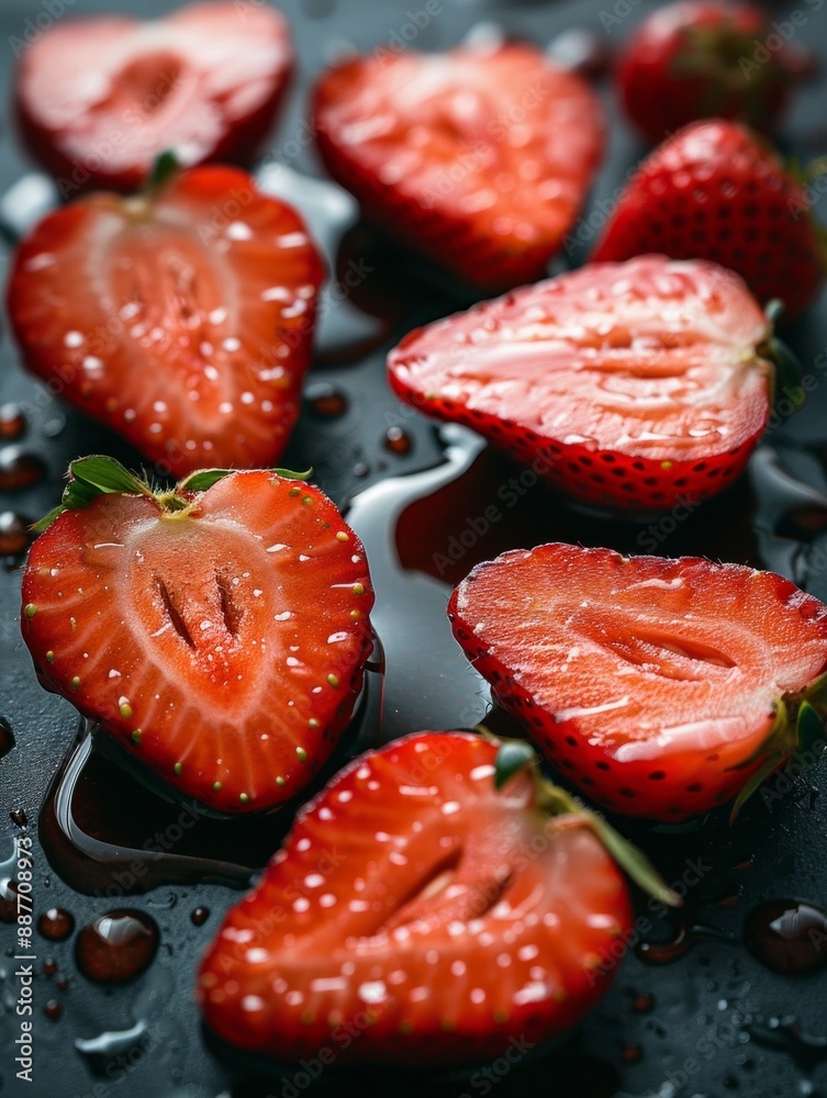 Macro Shots of Fresh Strawberries with Juicy Water Droplets Macro Shots of Fresh Strawberries with Juicy Water Droplets