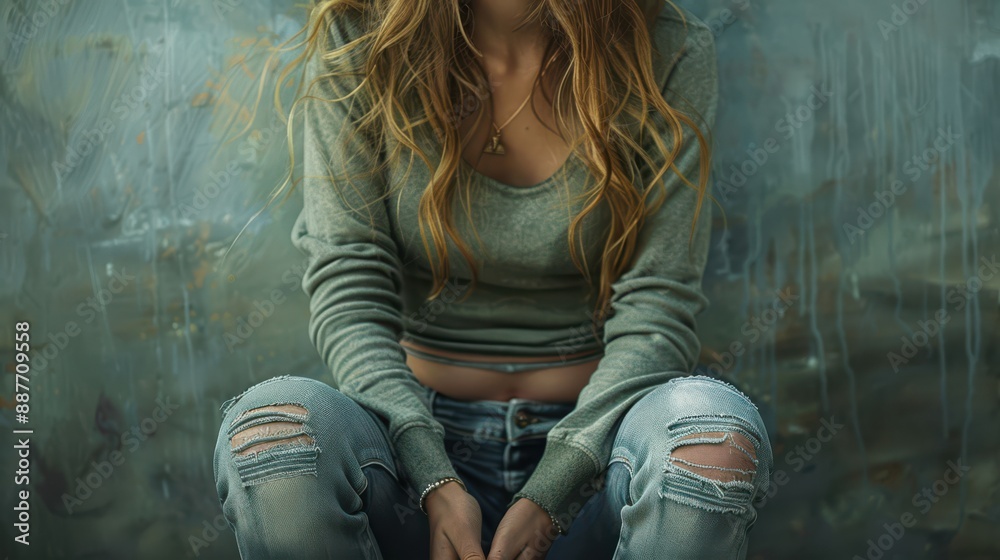 A woman with long brown hair is sitting on the ground with her legs crossed A woman with long brown hair is sitting on the ground with her legs crossed
