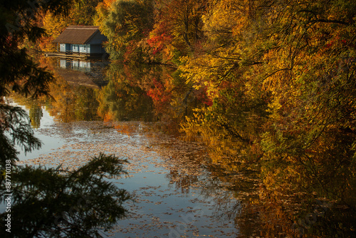 Obraz na płótnie Landscape with beautiful house on a lake with colourful leafs in autumn season w salonie