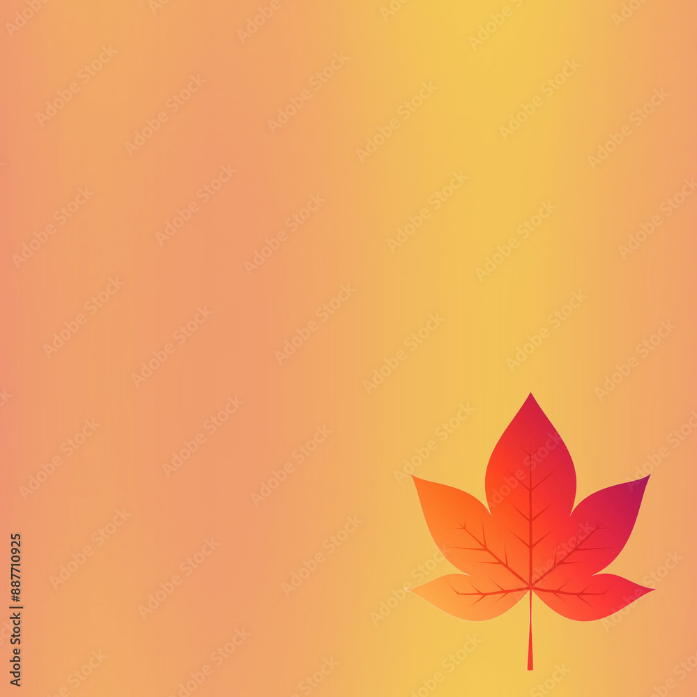 Fototapeta premium サーモンピンクの縦グラデーション背景に、右下んい紅葉の葉が一枚描かれている。