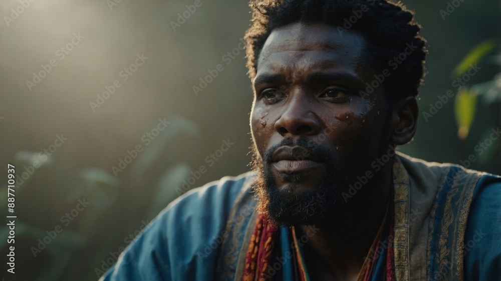 A man in traditional attire reflects thoughtfully in a natural setting, illuminated by soft sunlight filtering through the foliage.
A man in traditional attire reflects thoughtfully in a natural setting, illuminated by soft sunlight filtering through the foliage.