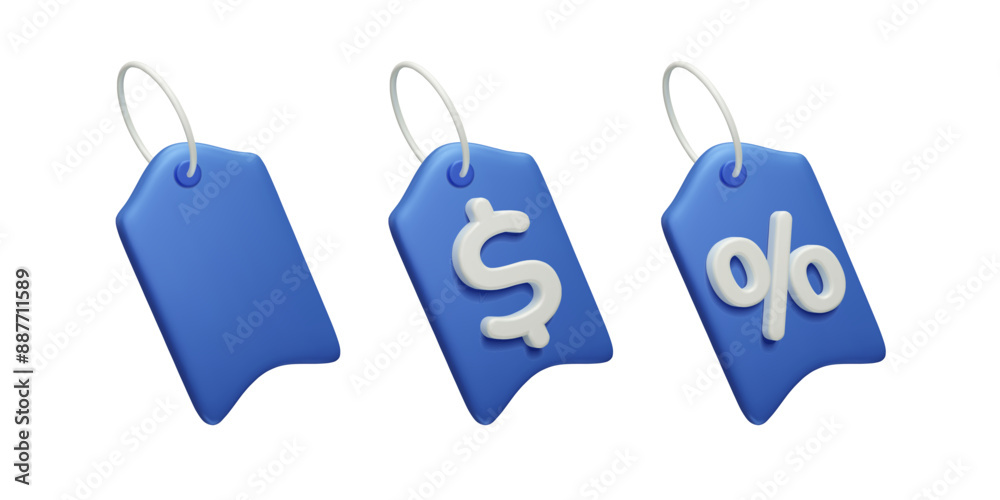 Set of blue 3d price tags isolated on white. Dollar sign price tag, percent discount label, blank gift tag 3D vector icon set. Special offer, online shopping, summer sale retail decor element.