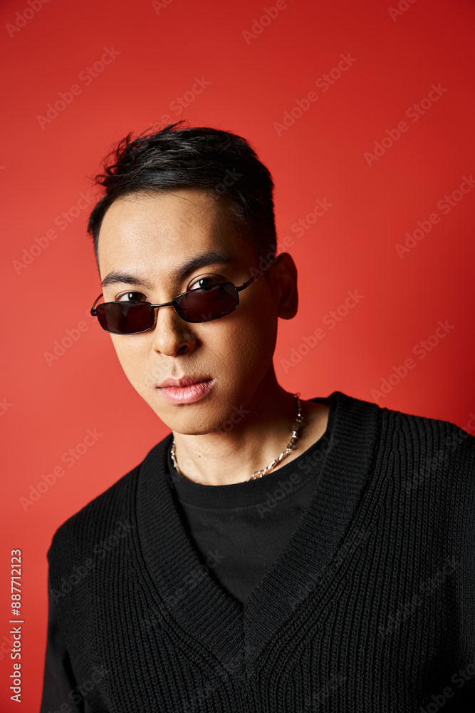 A handsome Asian man poses in a black outfit and sunglasses against a vibrant red backdrop. A handsome Asian man poses in a black outfit and sunglasses against a vibrant red backdrop.
