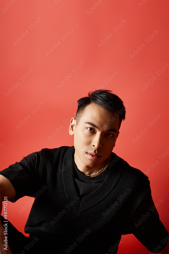 A stylish and handsome Asian man in a black shirt stands confidently against a vibrant red wall in a studio. A stylish and handsome Asian man in a black shirt stands confidently against a vibrant red wall in a studio.