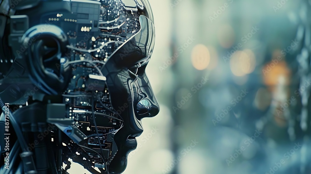 3D Rendering of a Futuristic Robot Head with Circuitry and Mechanical Details 3D Rendering of a Futuristic Robot Head with Circuitry and Mechanical Details