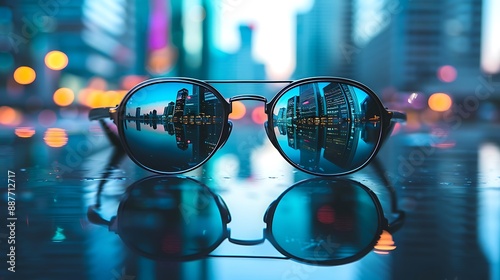 A close-up of a pair of designer sunglasses reflecting the city skyline photo