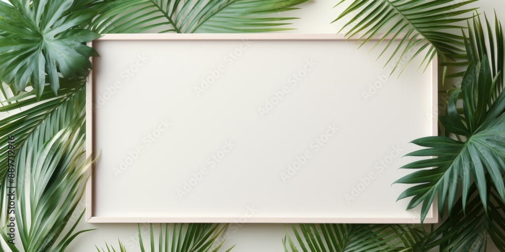 Minimalistic White Frame with Palm Leaves on Pastel Green and Beige Background for Graphic Design Mockup - Flat Lay Style Minimalistic White Frame with Palm Leaves on Pastel Green and Beige Background for Graphic Design Mockup - Flat Lay Style